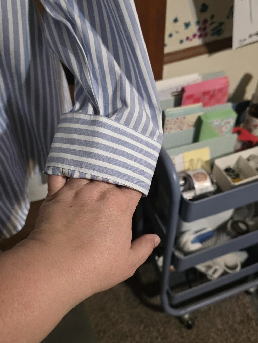 Chico's No Iron Stretch Striped Shirt Light Blue & White Size 2= 12/14 - Picture 9 of 16
